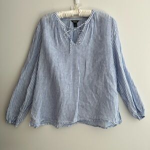 ROOTS 100% Linen Tie Neck Top Long Sleeve Relaxed Fit Blue White Stripe Coastal